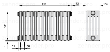 Схема (чертеж) Радиатор Zehnder Charleston 5050/14 №3370 Белый глянцевый RAL 9016